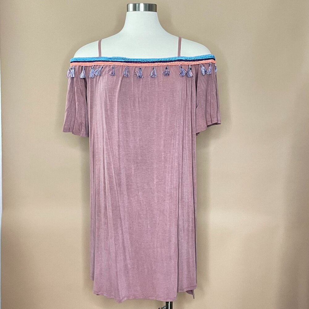 Ces Femme Dress Womens Size S Mauve Tassel Trim Off Shoulder Boho Flowy